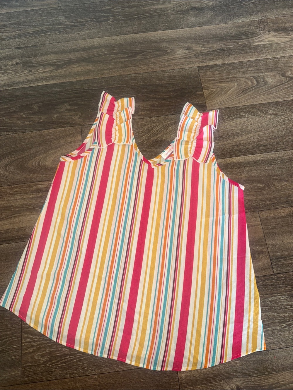 Striped Ruffle Shoulder Tank Top in Pink & Yellow